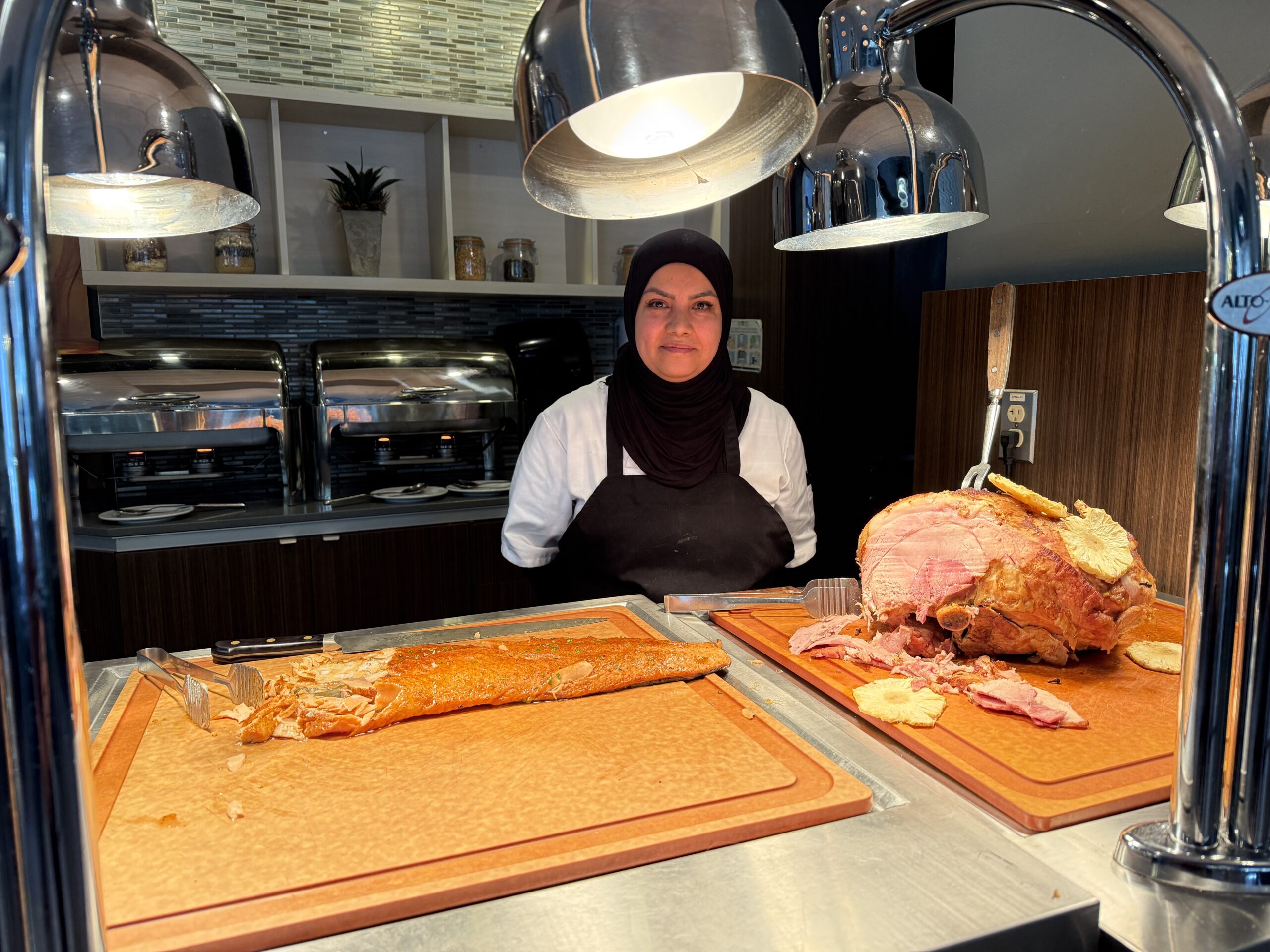 Chef attended ham and salmon station at Sunday Brunch Club